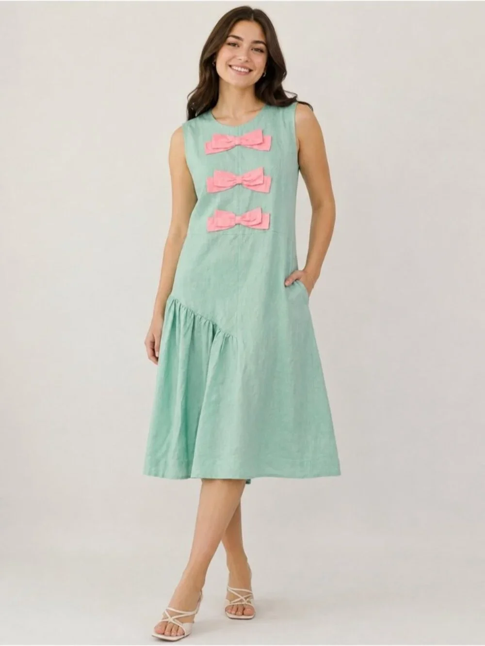 NWOT Udel New York Linen Sleeveless Mint Midi Dress with Pink Bow Details size M